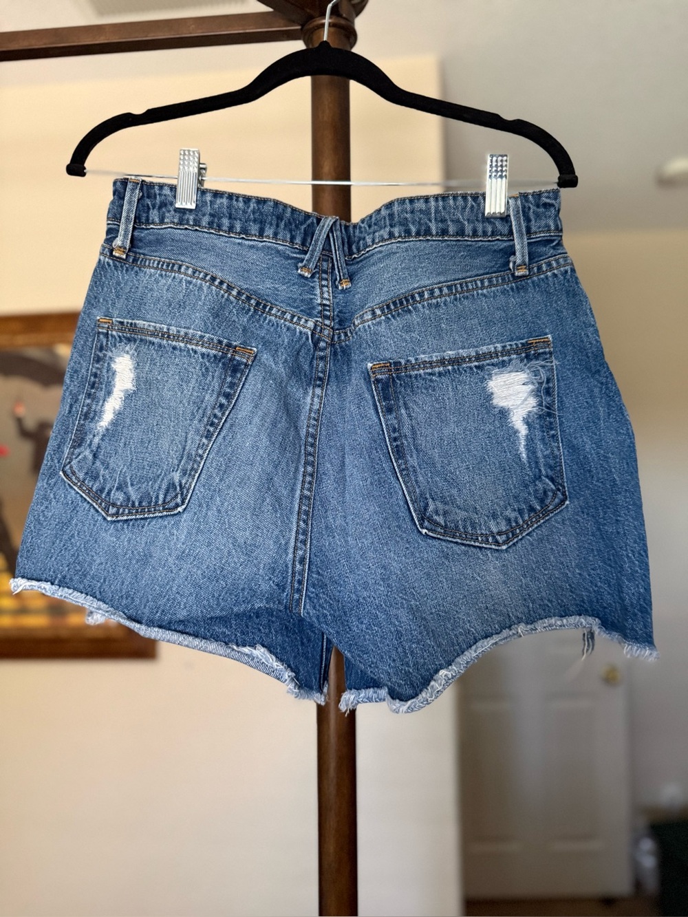 Good American Distressed Blue Denim Cutoff Shorts - Picture 2 of 5